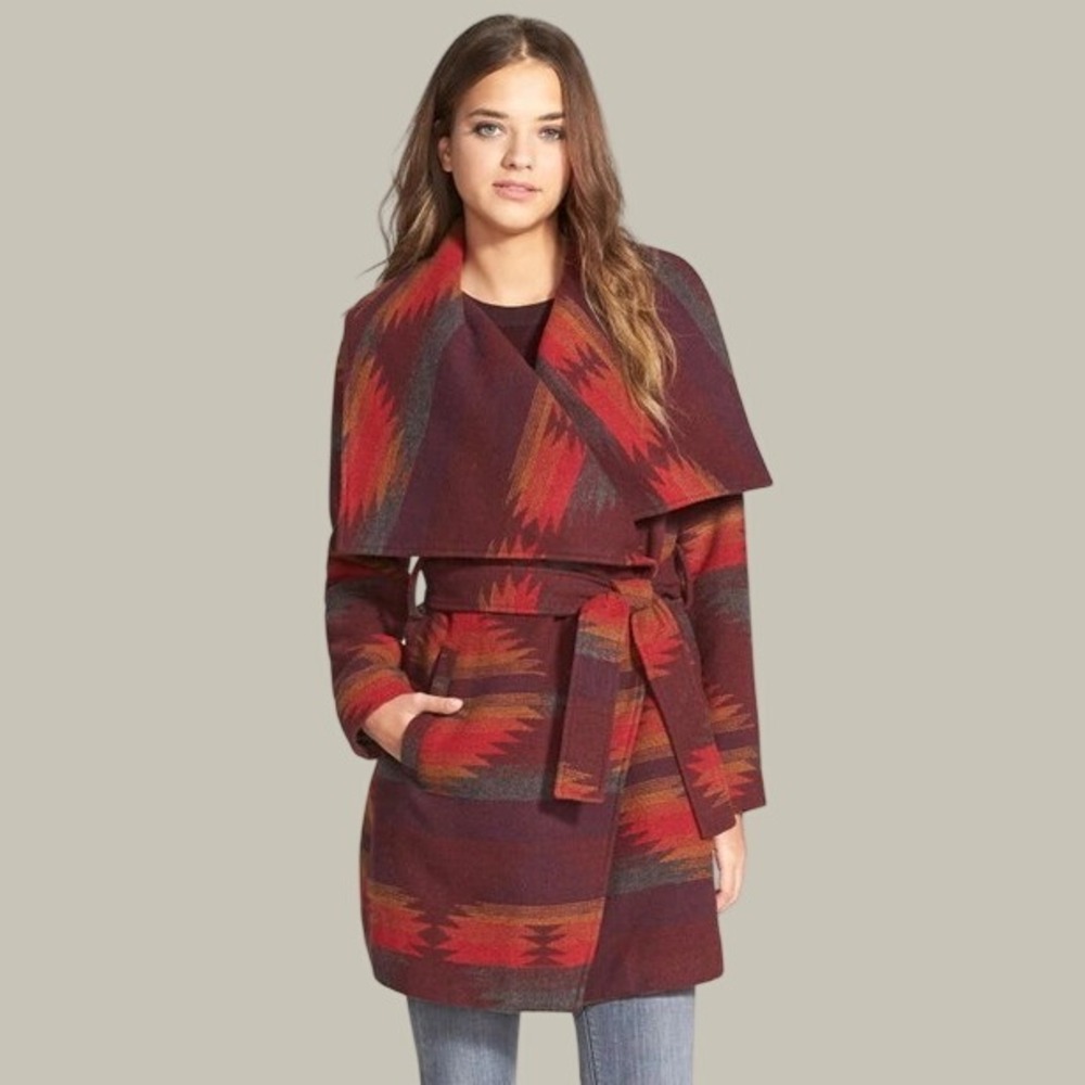 Steve Madden Womens Wrap Coat S Burgundy Southwestern Draped Shawl Boho Aztec